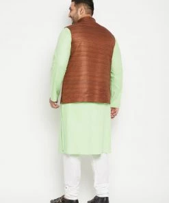 Vastramay Men's Plus Size Mint Green And Coffee Brown Cotton Blend Jacket Kurta Pyjama Set