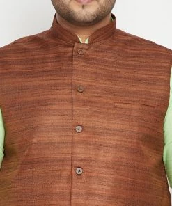 Vastramay Men's Plus Size Mint Green And Coffee Brown Cotton Blend Jacket Kurta Pyjama Set