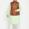 Vastramay Men's Plus Size Mint Green And Coffee Brown Cotton Blend Jacket Kurta Pyjama Set