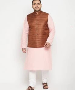 Vastramay Men's Plus Size Pink And Coffee Brown Cotton Blend Jacket Kurta Pyjama Set