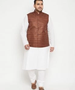 Vastramay Ganesh Chaturthi Men's Plus Size White And Coffee Brown Cotton Blend Jacket Kurta Pyjama Set