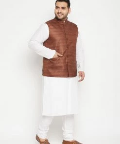 Vastramay Ganesh Chaturthi Men's Plus Size White And Coffee Brown Cotton Blend Jacket Kurta Pyjama Set