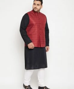 Vastramay Men's Plus Size Black, Maroon Cotton Blend Jacket Kurta Pyjama Set Ganesh Chaturthi