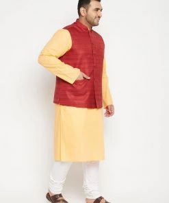 Vastramay Men's Plus Size Fawn And Maroon Cotton Blend Jacket Kurta Pyjama Set Ganesh Chaturthi