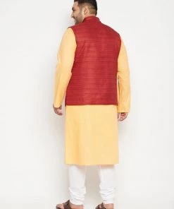 Vastramay Men's Plus Size Fawn And Maroon Cotton Blend Jacket Kurta Pyjama Set Ganesh Chaturthi