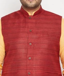 Vastramay Men's Plus Size Fawn And Maroon Cotton Blend Jacket Kurta Pyjama Set Ganesh Chaturthi