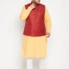 Vastramay Men's Plus Size Fawn And Maroon Cotton Blend Jacket Kurta Pyjama Set Ganesh Chaturthi