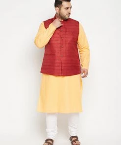Vastramay Men's Plus Size Fawn And Maroon Cotton Blend Jacket Kurta Pyjama Set Ganesh Chaturthi