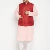 Vastramay Men's Plus Size Pink And Maroon Cotton Blend Jacket Kurta Pyjama Set 1 Vastramay Men's Plus Size Pink And Maroon Cotton Blend Jacket Kurta Pyjama Set