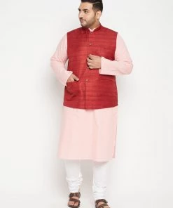Vastramay Men's Plus Size Pink And Maroon Cotton Blend Jacket Kurta Pyjama Set