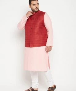 Vastramay Men's Plus Size Pink And Maroon Cotton Blend Jacket Kurta Pyjama Set