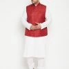 Vastramay Men's Plus Size White And Maroon Cotton Blend Jacket Kurta Pyjama Set