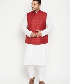 Vastramay Men's Plus Size White And Maroon Cotton Blend Jacket Kurta Pyjama Set