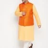 Vastramay Men's Plus Size Fawn And Orange Cotton Blend Jacket Kurta Pyjama Set Ganesh Chaturthi 2 Vastramay Men's Plus Size Fawn And Orange Cotton Blend Jacket Kurta Pyjama Set Ganesh Chaturthi