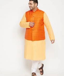 Vastramay Men's Plus Size Fawn And Orange Cotton Blend Jacket Kurta Pyjama Set Ganesh Chaturthi