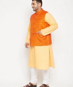 Vastramay Men's Plus Size Fawn And Orange Cotton Blend Jacket Kurta Pyjama Set Ganesh Chaturthi