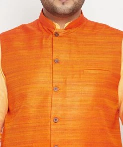 Vastramay Men's Plus Size Fawn And Orange Cotton Blend Jacket Kurta Pyjama Set Ganesh Chaturthi