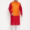 Vastramay Ganesh Chaturthi Men's Plus Size Maroon And Orange Cotton Blend Jacket Kurta Pyjama Set 1 Vastramay Ganesh Chaturthi Men's Plus Size Maroon And Orange Cotton Blend Jacket Kurta Pyjama Set