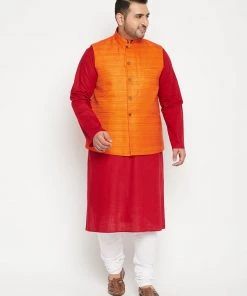 Vastramay Ganesh Chaturthi Men's Plus Size Maroon And Orange Cotton Blend Jacket Kurta Pyjama Set