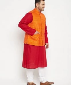 Vastramay Ganesh Chaturthi Men's Plus Size Maroon And Orange Cotton Blend Jacket Kurta Pyjama Set