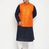 Vastramay Men's Plus Size Navy Blue And Orange Cotton Blend Jacket Kurta Pyjama Set 2 Vastramay Men's Plus Size Navy Blue And Orange Cotton Blend Jacket Kurta Pyjama Set