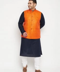 Vastramay Men's Plus Size Navy Blue And Orange Cotton Blend Jacket Kurta Pyjama Set