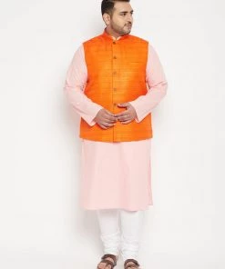 Vastramay Men's Plus Size Pink And Orange Cotton Blend Jacket Kurta Pyjama Set Ganesh Chaturthi