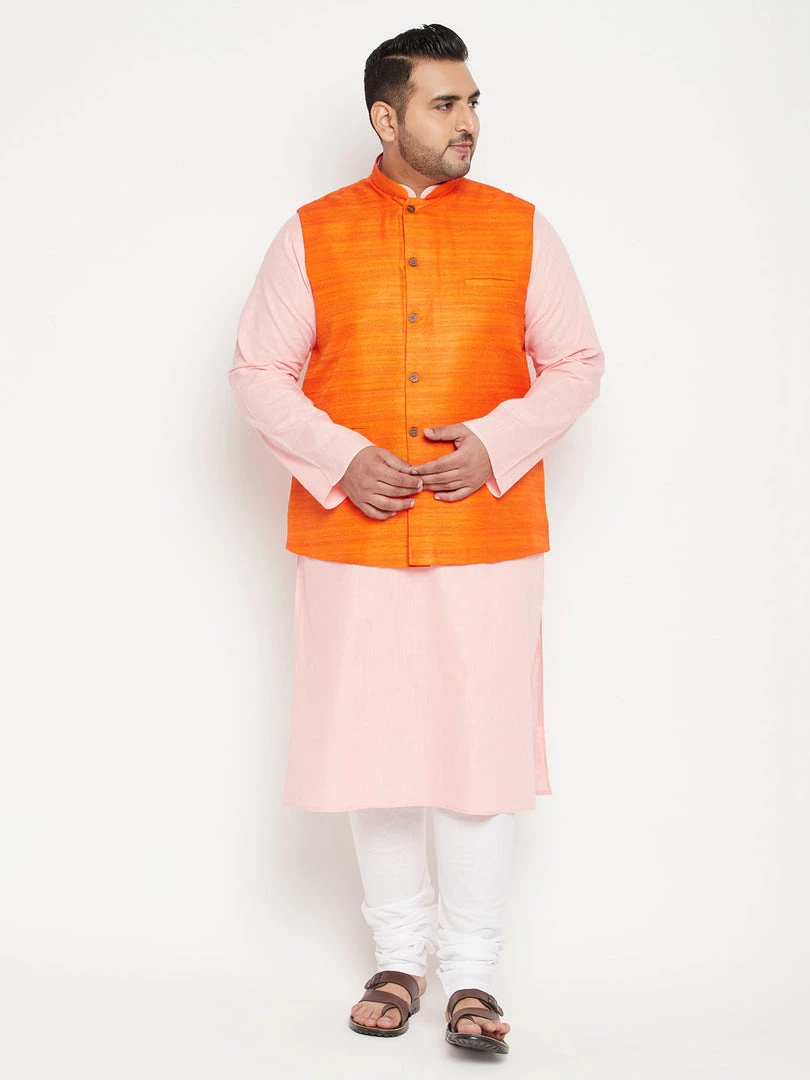 Vastramay Men's Plus Size Pink And Orange Cotton Blend Jacket Kurta Pyjama Set Ganesh Chaturthi 3 Vastramay Men's Plus Size Pink And Orange Cotton Blend Jacket Kurta Pyjama Set Ganesh Chaturthi