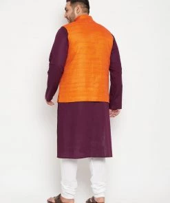 Vastramay Men's Plus Size Purple And Orange Cotton Blend Jacket Kurta Pyjama Set Ganesh Chaturthi 12 Vastramay Men's Plus Size Purple And Orange Cotton Blend Jacket Kurta Pyjama Set Ganesh Chaturthi