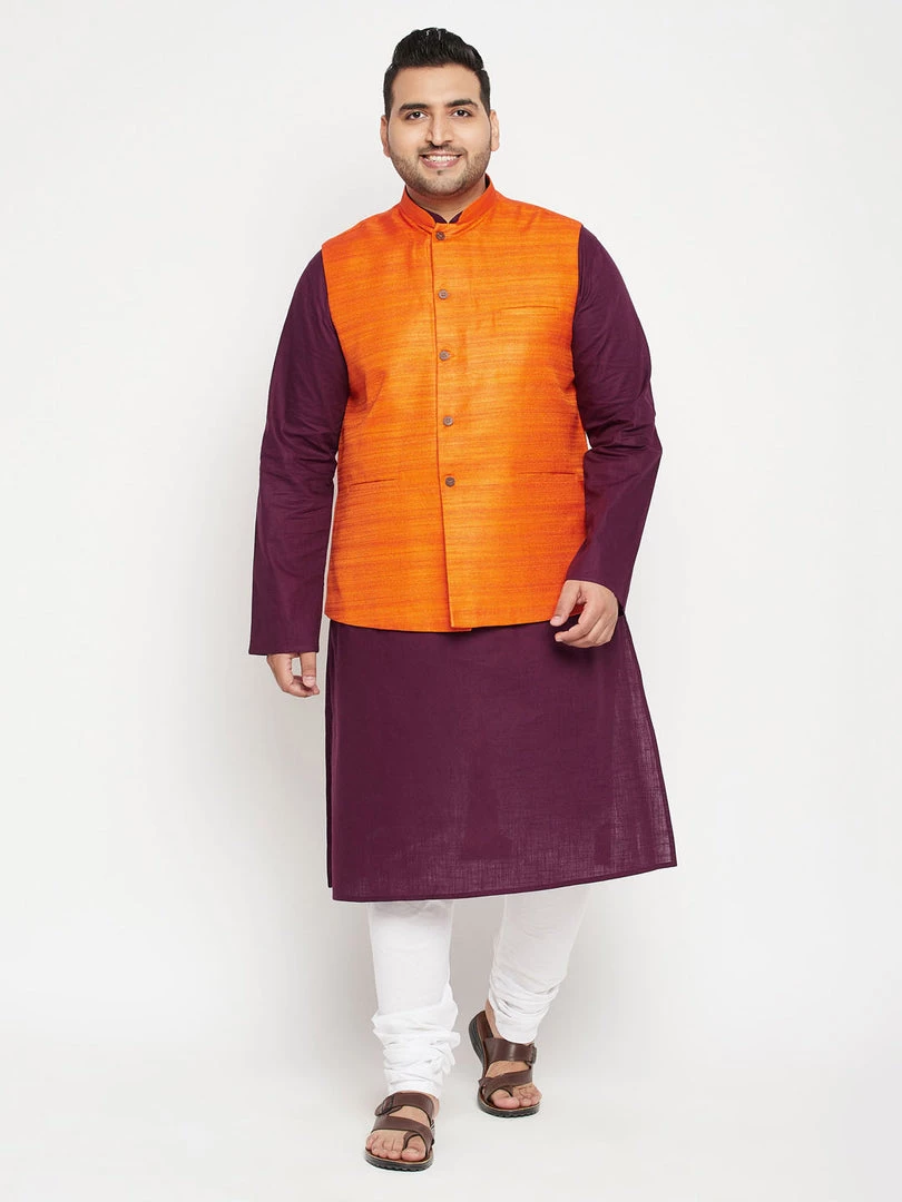 Vastramay Men's Plus Size Purple And Orange Cotton Blend Jacket Kurta Pyjama Set Ganesh Chaturthi 9 Vastramay Men's Plus Size Purple And Orange Cotton Blend Jacket Kurta Pyjama Set Ganesh Chaturthi