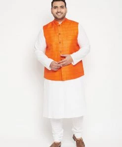 Vastramay Ganesh Chaturthi Men's Plus Size White And Orange Cotton Blend Jacket Kurta Pyjama Set