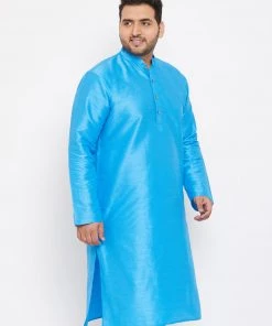 Vastramay Plus Size Collection Men's Plus Size Aqua Blue Silk Blend Kurta