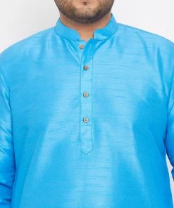 Vastramay Plus Size Collection Men's Plus Size Aqua Blue Silk Blend Kurta