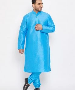Vastramay Plus Size Collection Men's Plus Size Aqua Blue Silk Blend Kurta