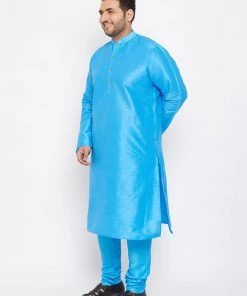 Vastramay Plus Size Collection Men's Plus Size Aqua Blue Silk Blend Kurta And Pyjama Set