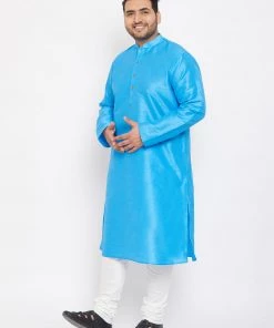 Vastramay Men's Plus Size Aqua Blue Silk Blend Kurta And Pyjama Set