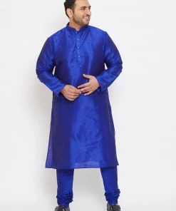 Vastramay Plus Size Collection Men's Plus Size Blue Silk Blend Kurta And Pyjama Set