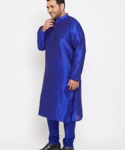 Vastramay Plus Size Collection Men's Plus Size Blue Silk Blend Kurta And Pyjama Set