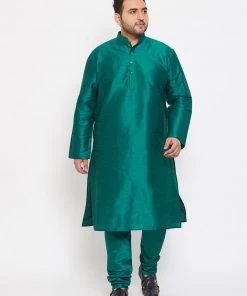 Vastramay Plus Size Collection Men's Plus Size Green Silk Blend Kurta