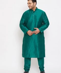 Vastramay Men's Plus Size Green Silk Blend Kurta And Pyjama Set