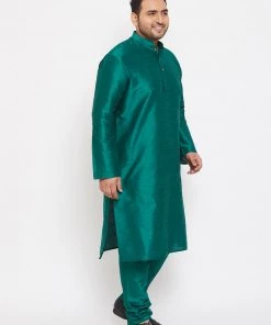 Vastramay Men's Plus Size Green Silk Blend Kurta And Pyjama Set