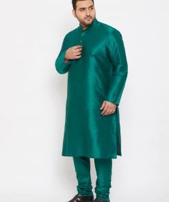 Vastramay Men's Plus Size Green Silk Blend Kurta And Pyjama Set