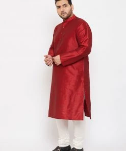 Vastramay Men's Plus Size Maroon Silk Blend Kurta And Pyjama Set