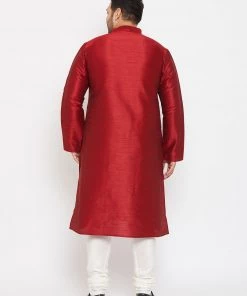 Vastramay Men's Plus Size Maroon Silk Blend Kurta And Pyjama Set