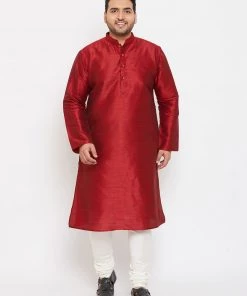 Vastramay Men's Plus Size Maroon Silk Blend Kurta And Pyjama Set