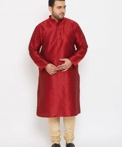 Vastramay Plus Size Collection Men's Plus Size Maroon Silk Blend Kurta And Pyjama Set