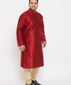 Vastramay Plus Size Collection Men's Plus Size Maroon Silk Blend Kurta And Pyjama Set