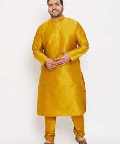 Vastramay Men's Plus Size Mustard Silk Blend Kurta And Pyjama Set