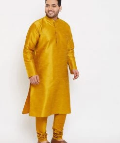 Vastramay Men's Plus Size Mustard Silk Blend Kurta And Pyjama Set