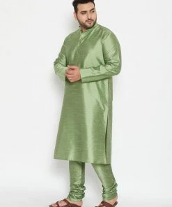 Vastramay Plus Size Collection Men's Plus Size Mint Green Silk Blend Kurta Pyjama Set